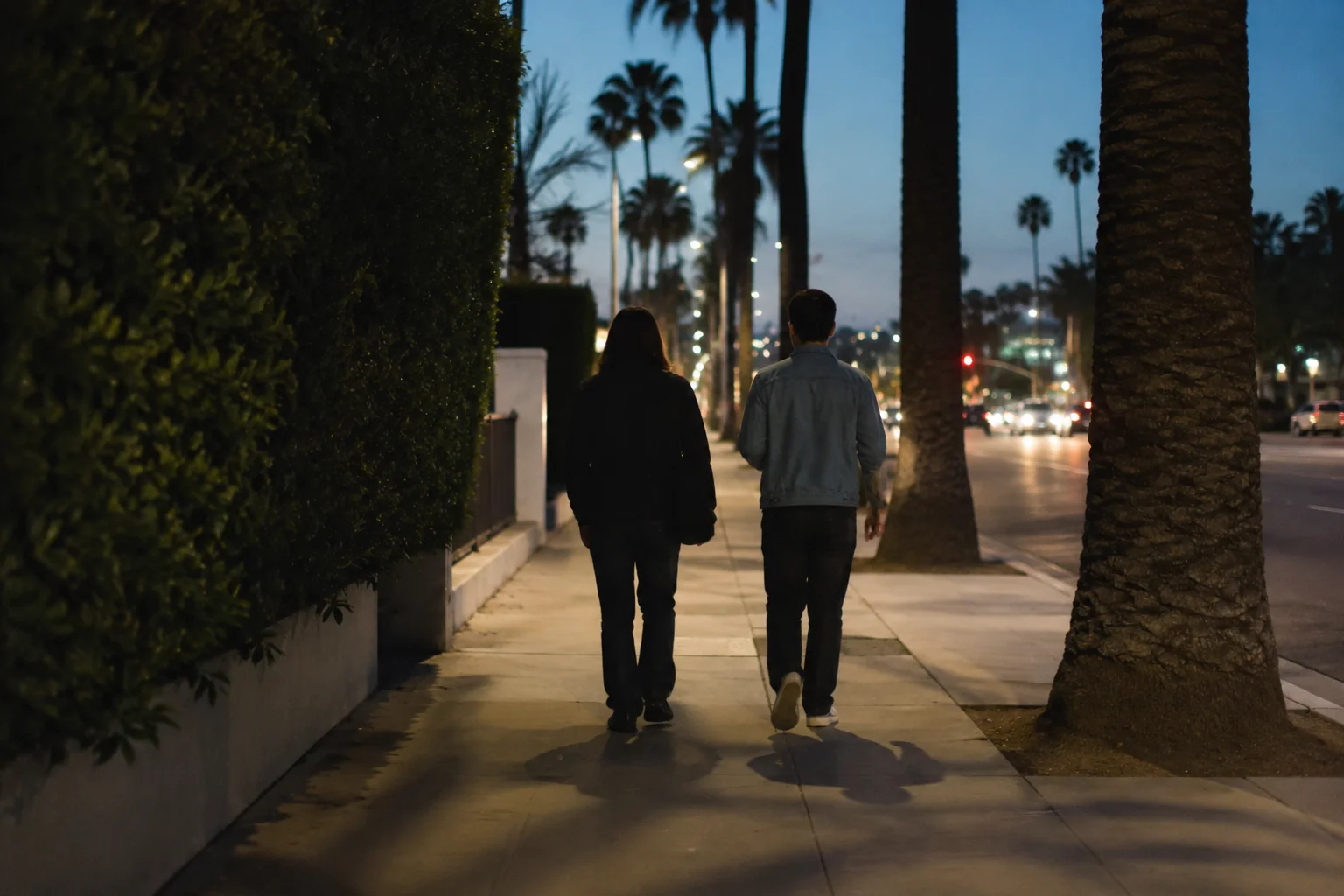 Two anonymous adults walking on a palm-lined evening sidewalk.
