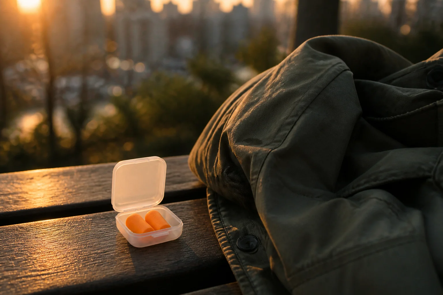 A small case of earplugs beside a jacket on a bench.