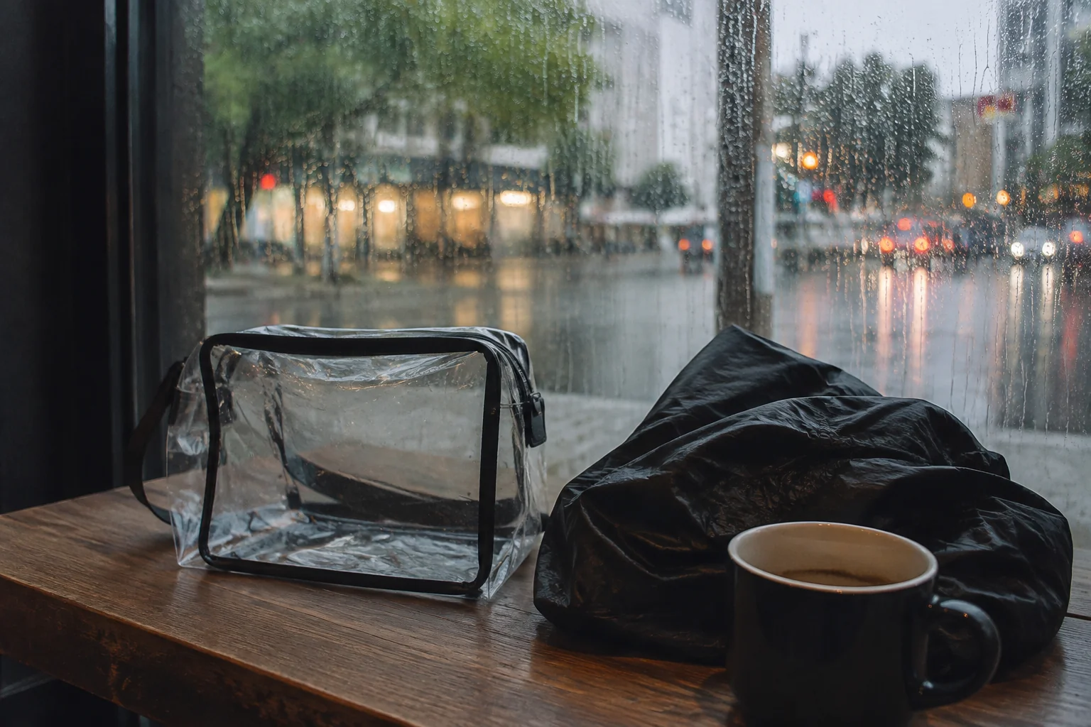 A plain clear bag beside a jacket and cup at a rainy window.