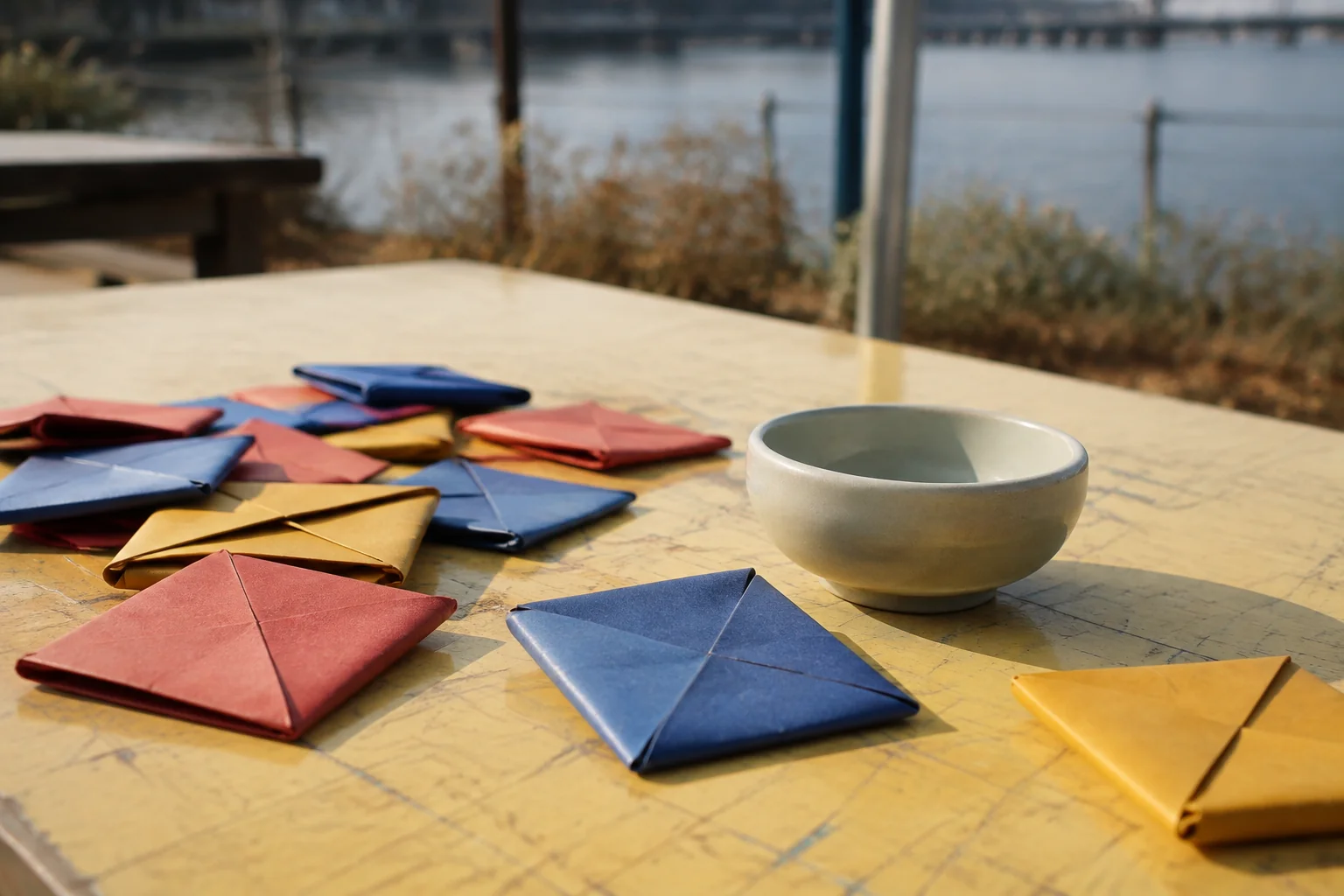 Folded paper game tiles on a sunny activity table.