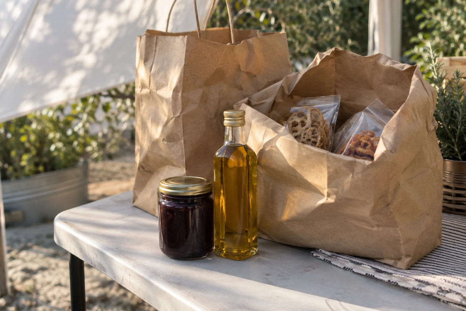 Conceptual market-shopping still life: plain paper bags, snack packets and unlabelled jars on a sunlit outdoor table.