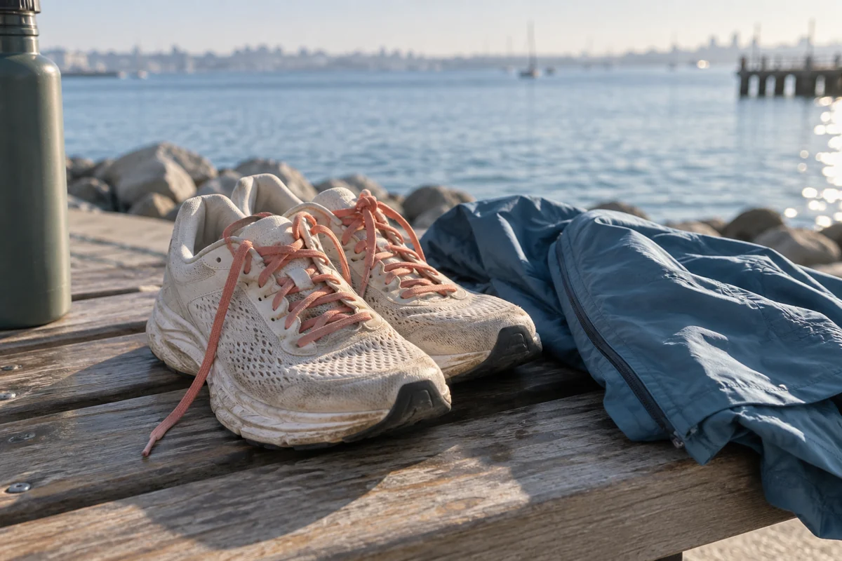 Unbranded running shoes, a blue jacket and a bottle beside blurred harbor water.